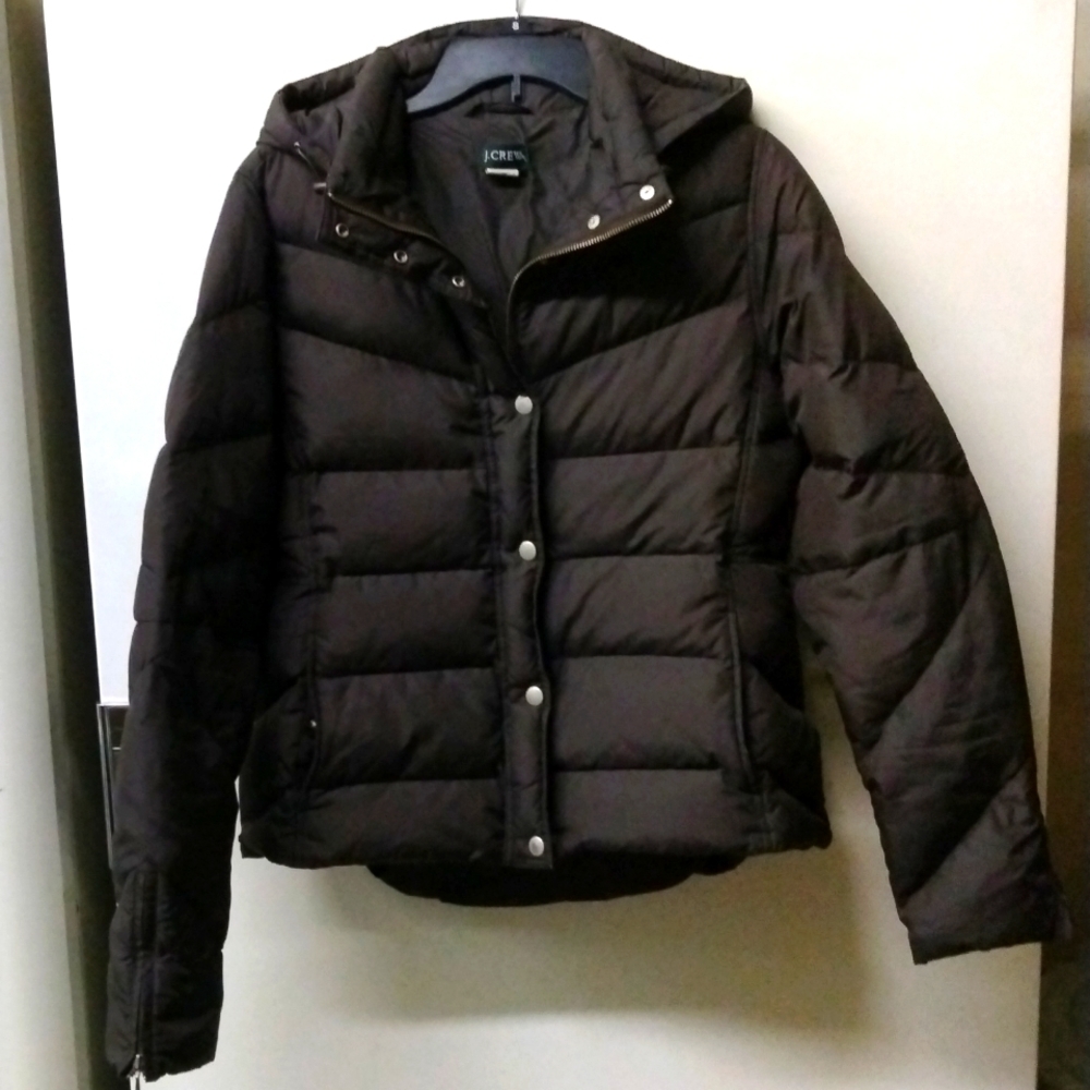 J.Crew Women's Hooded Puffer Jacket Size Large Brown Snap Button Warm Outdoor